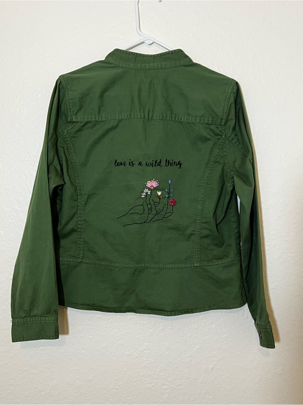 Hand Embroidered L Olive Green Button-Up Jacket "Love is a Wild Thing"